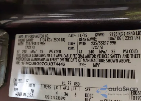 2016 Ford Escape Se from USA, damaged, VIN 1FMCU9G97GUB74446